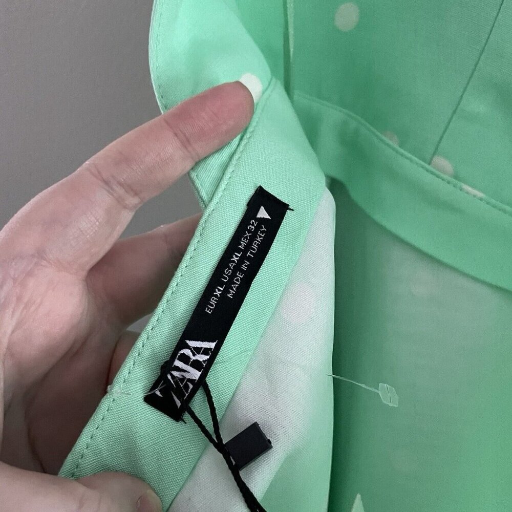 Zara XL Green Polka Dot Linen Blend Square Neck Strappy Tie Back Mini Dress NWT - Picture 8 of 11